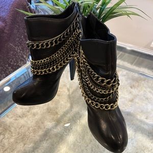 Bebe Ladies Stiletto Ankle Boots with Chains Accents